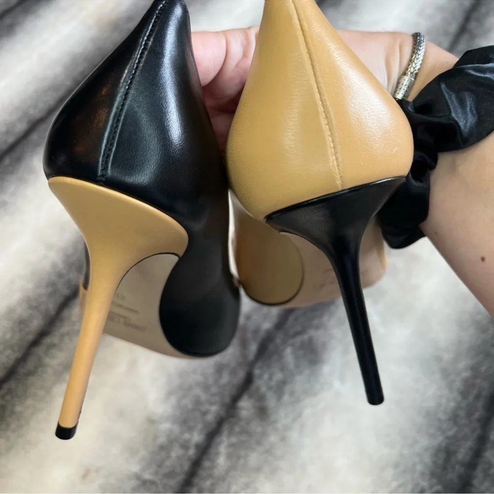 Jimmy Choo Love 100 Asymmetric Butter Rum Black Leather Pumps Heels